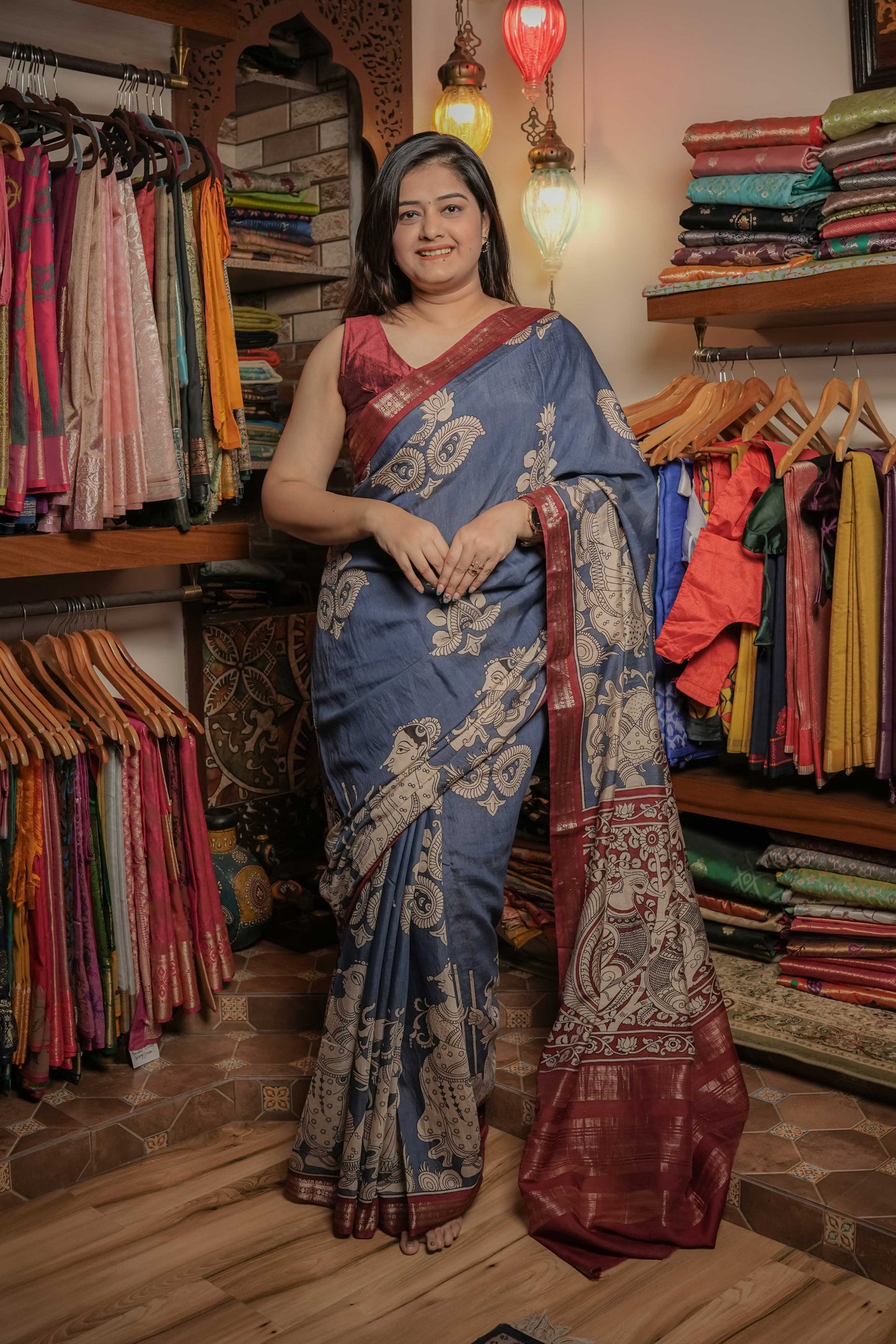Teal Blue Soft Silk Kalamkari Saree