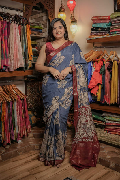 Teal Blue Soft Silk Kalamkari Saree