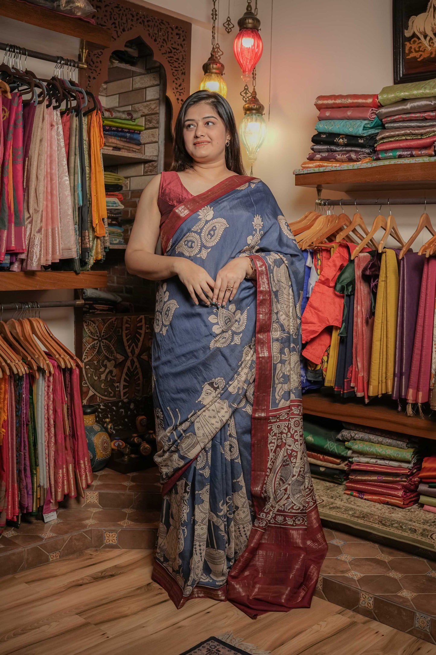 Teal Blue Soft Silk Kalamkari Saree