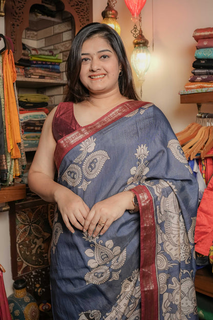 Teal Blue Soft Silk Kalamkari Saree