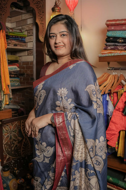 Teal Blue Soft Silk Kalamkari Saree