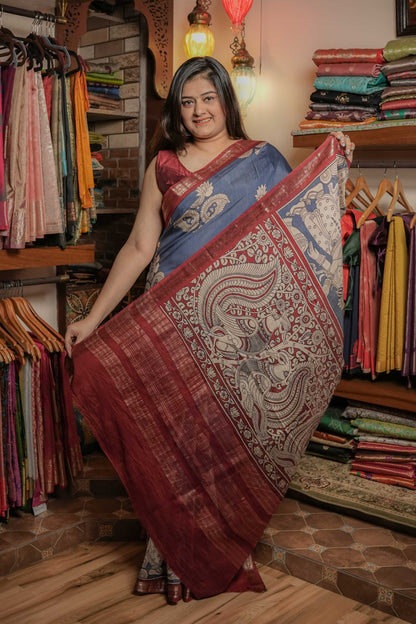 Teal Blue Soft Silk Kalamkari Saree