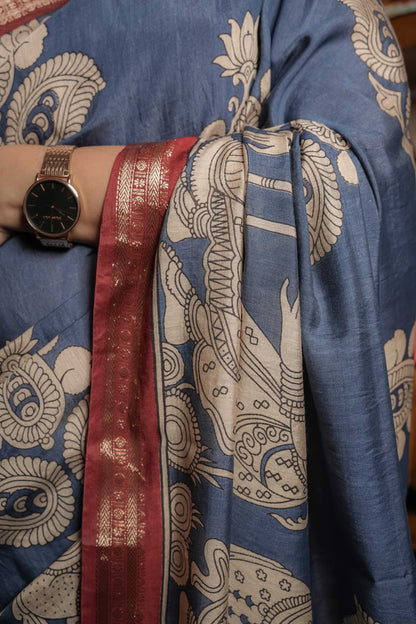 Teal Blue Soft Silk Kalamkari Saree