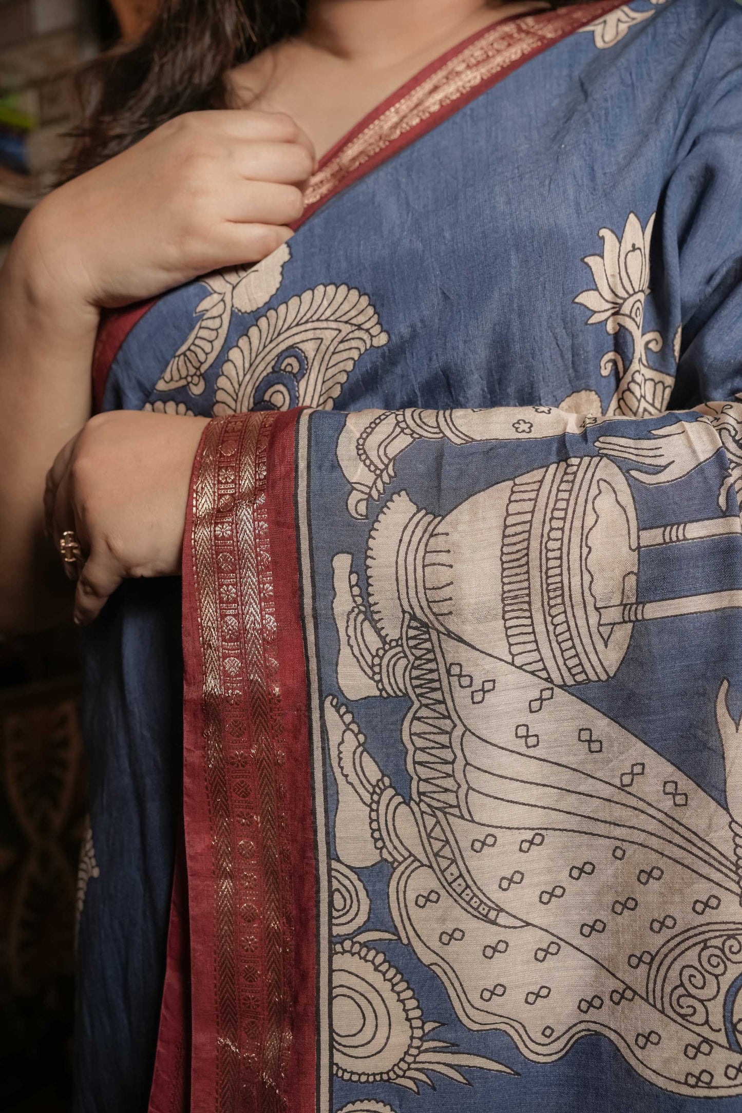 Teal Blue Soft Silk Kalamkari Saree