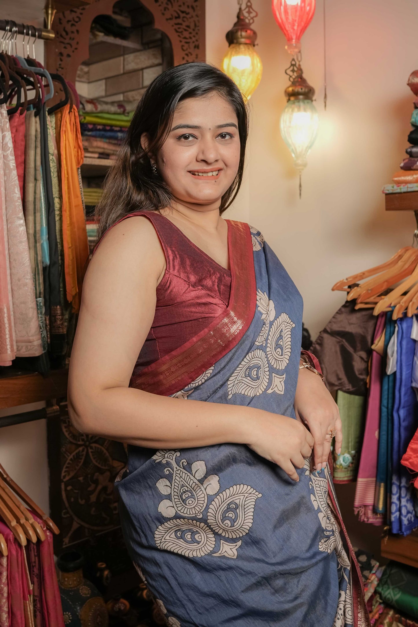 Teal Blue Soft Silk Kalamkari Saree
