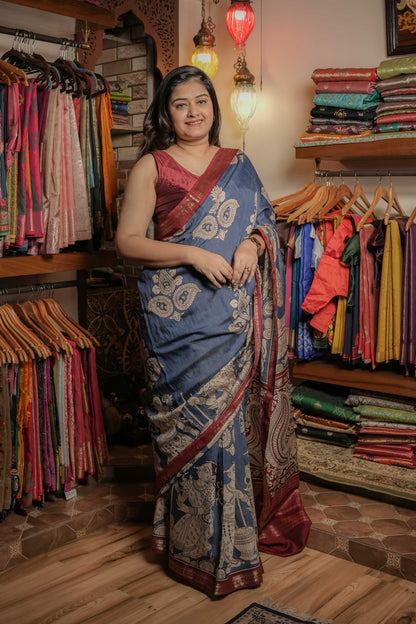 Teal Blue Soft Silk Kalamkari Saree