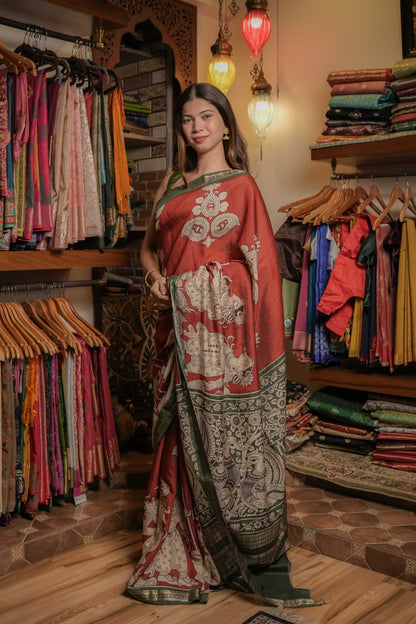 Brown Soft Silk Kalamkari Saree
