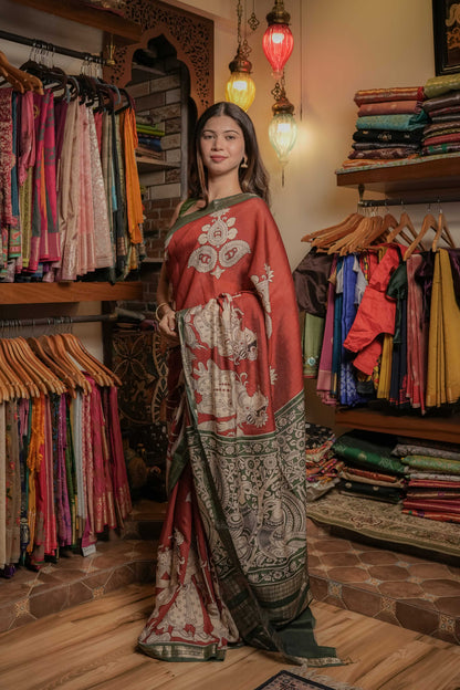 Brown Soft Silk Kalamkari Saree