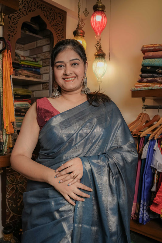 Blue Resham Silk Saree