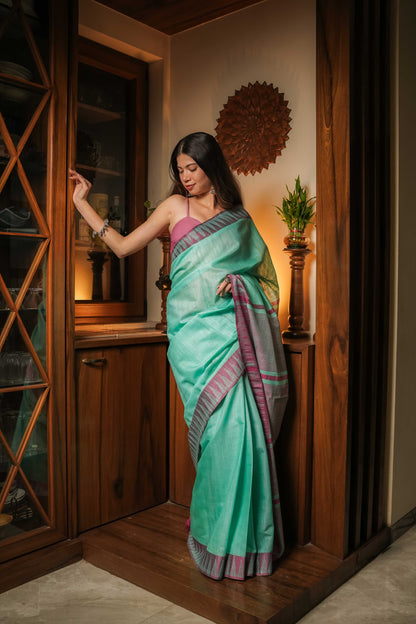 Sea Green Soft Linen Cotton Saree