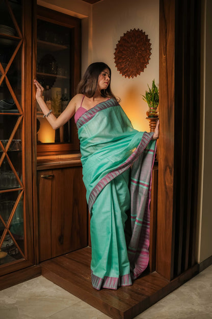 Sea Green Soft Linen Cotton Saree