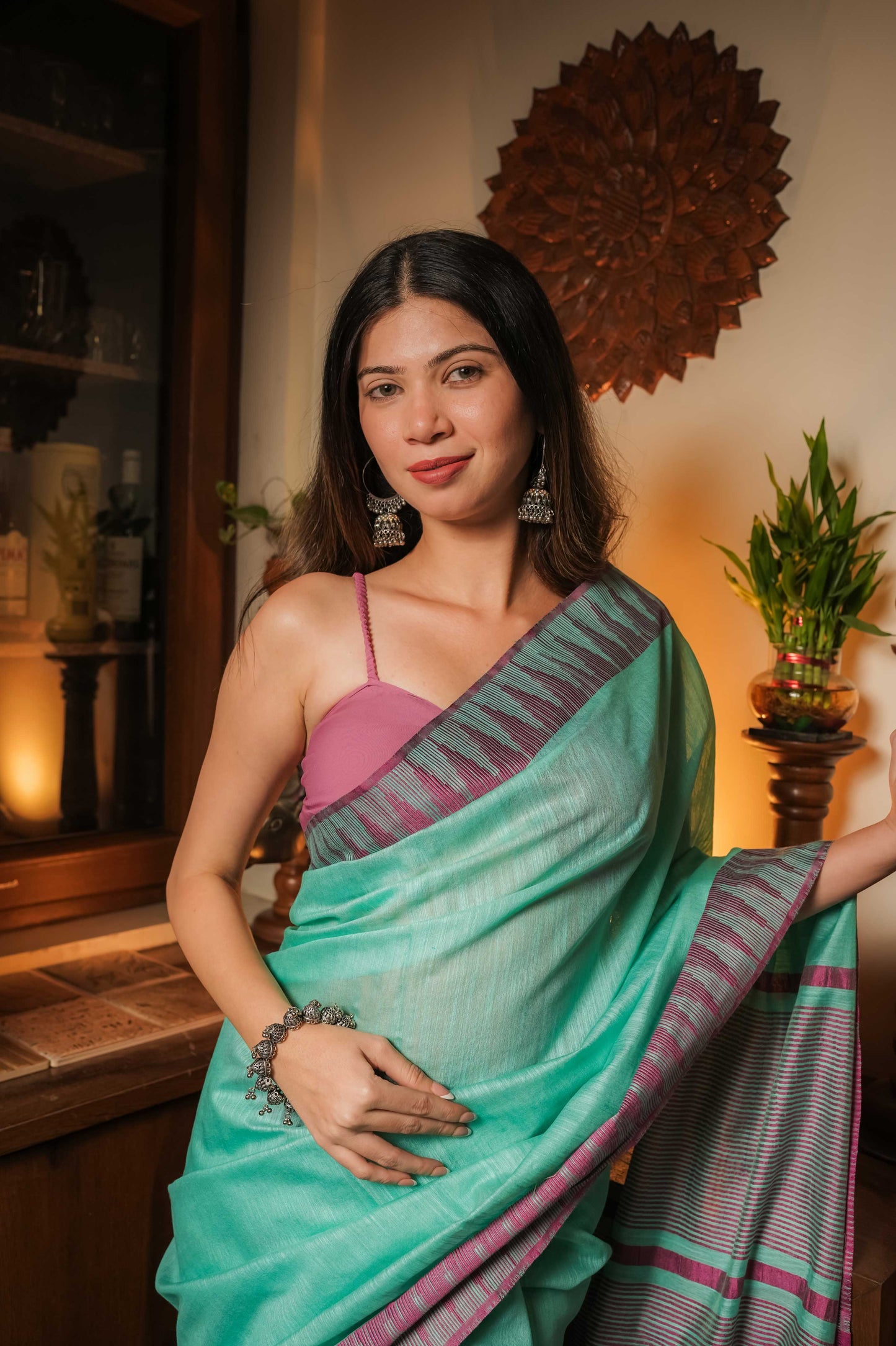 Sea Green Soft Linen Cotton Saree