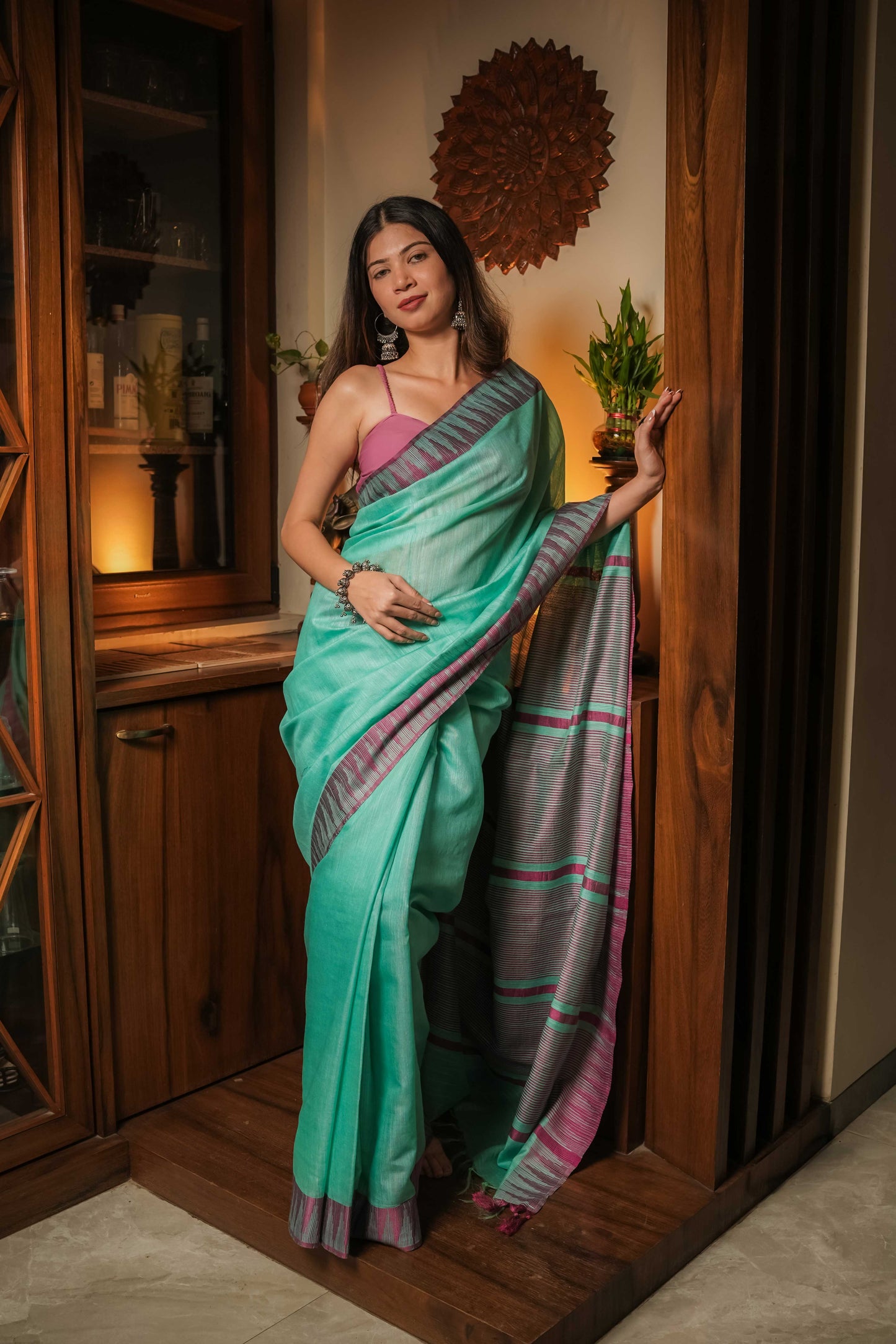 Sea Green Soft Linen Cotton Saree