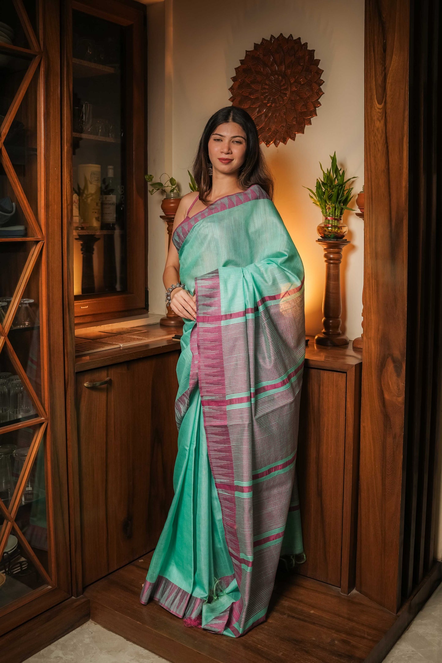 Sea Green Soft Linen Cotton Saree