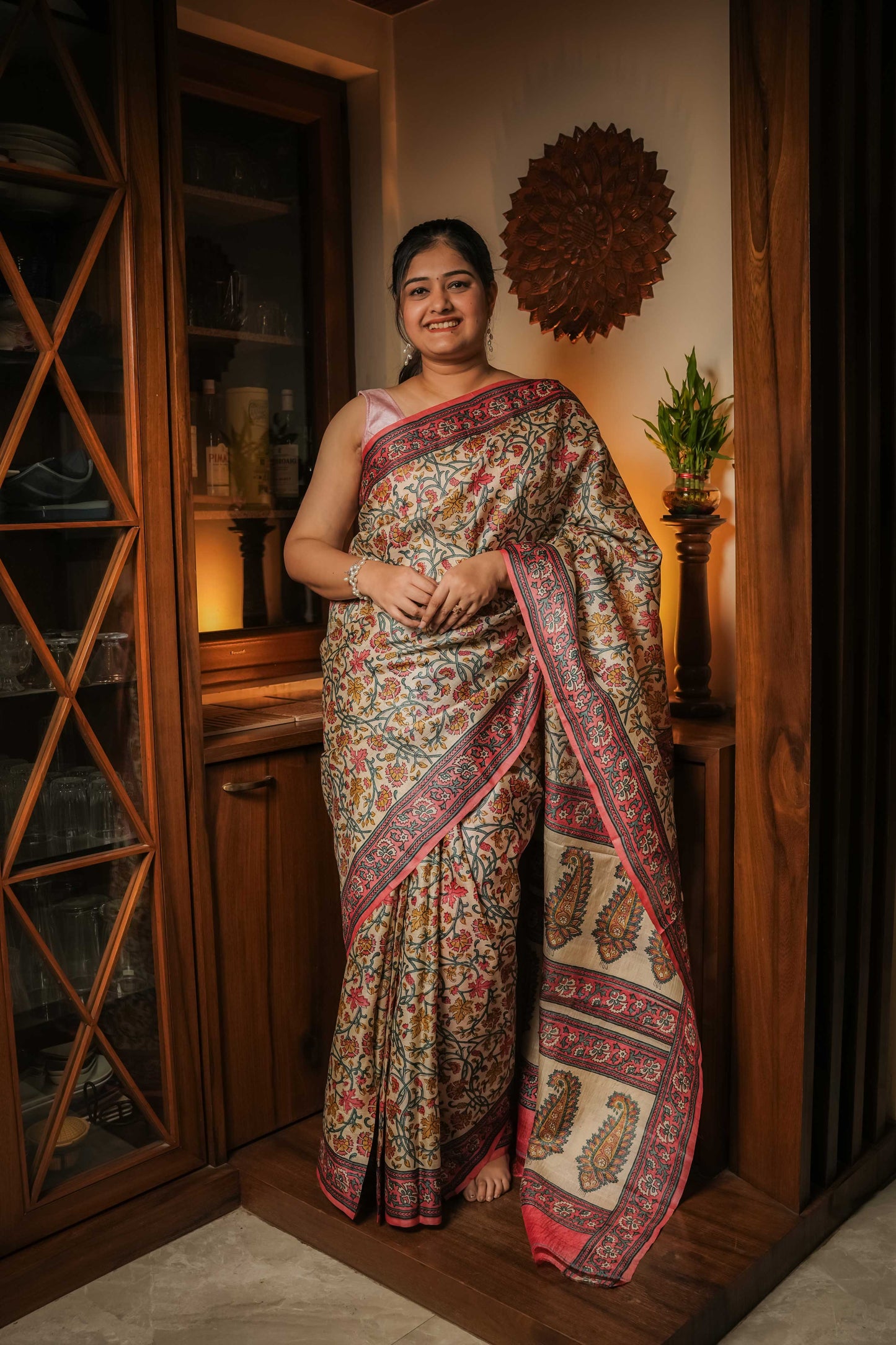 Cream Tussar Silk Hand Block Saree