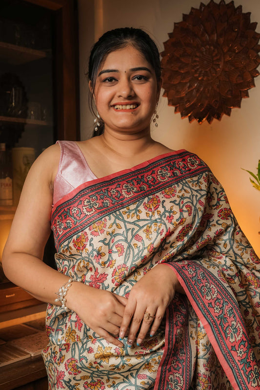 Cream Tussar Silk Hand Block Saree