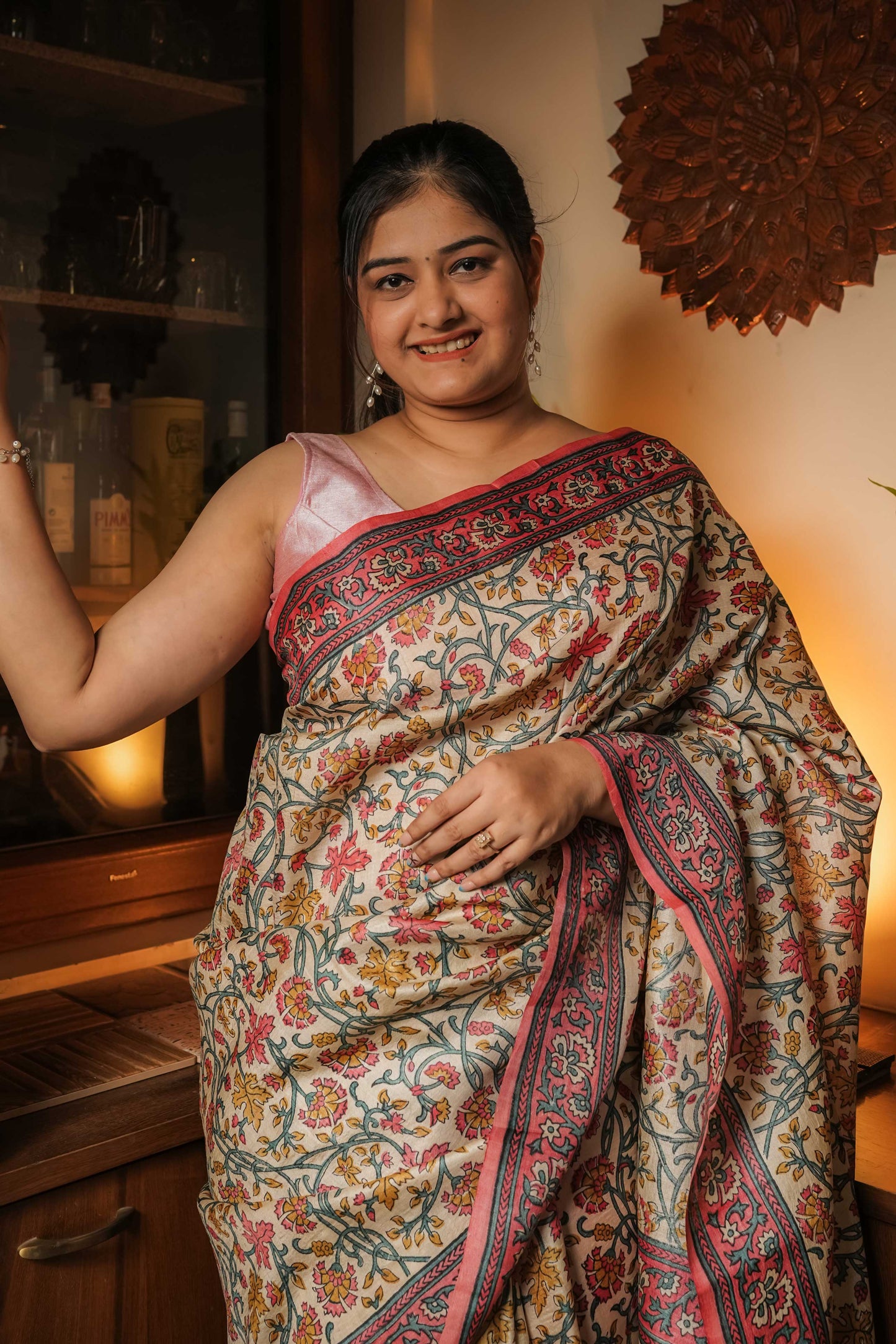 Cream Tussar Silk Hand Block Saree