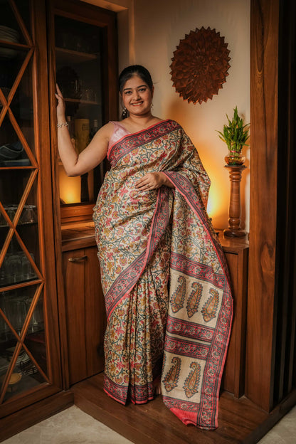 Cream Tussar Silk Hand Block Saree