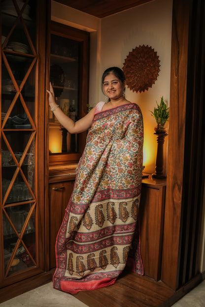 Cream Tussar Silk Hand Block Saree