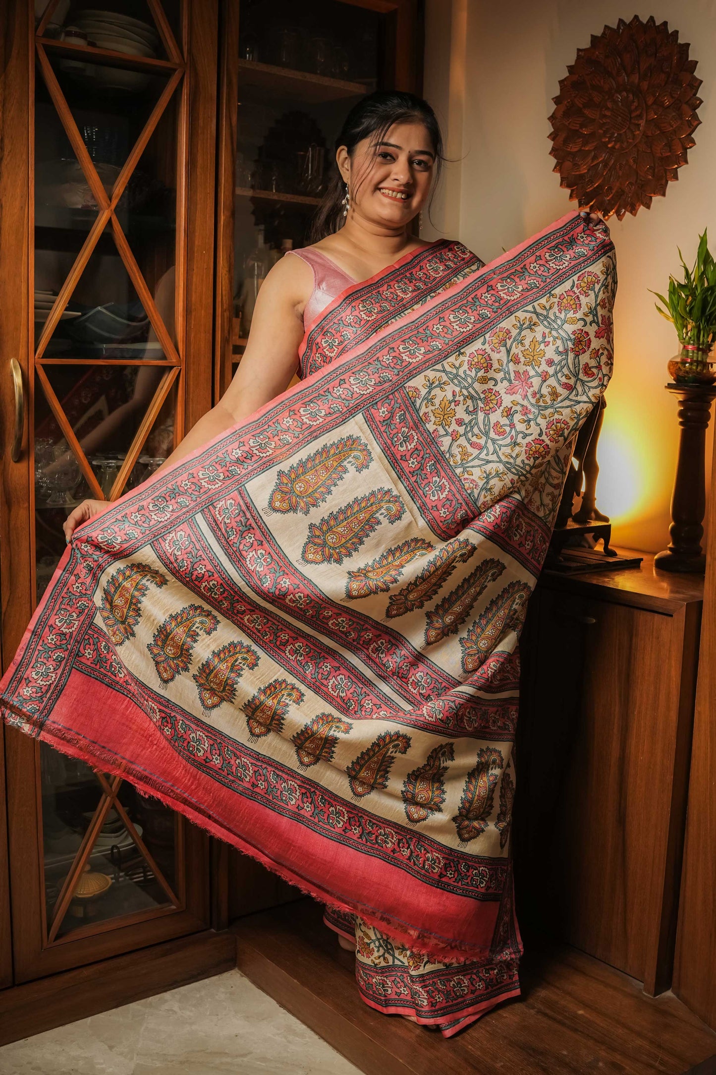 Cream Tussar Silk Hand Block Saree