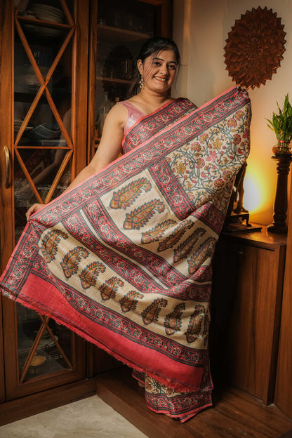Cream Tussar Silk Hand Block Saree