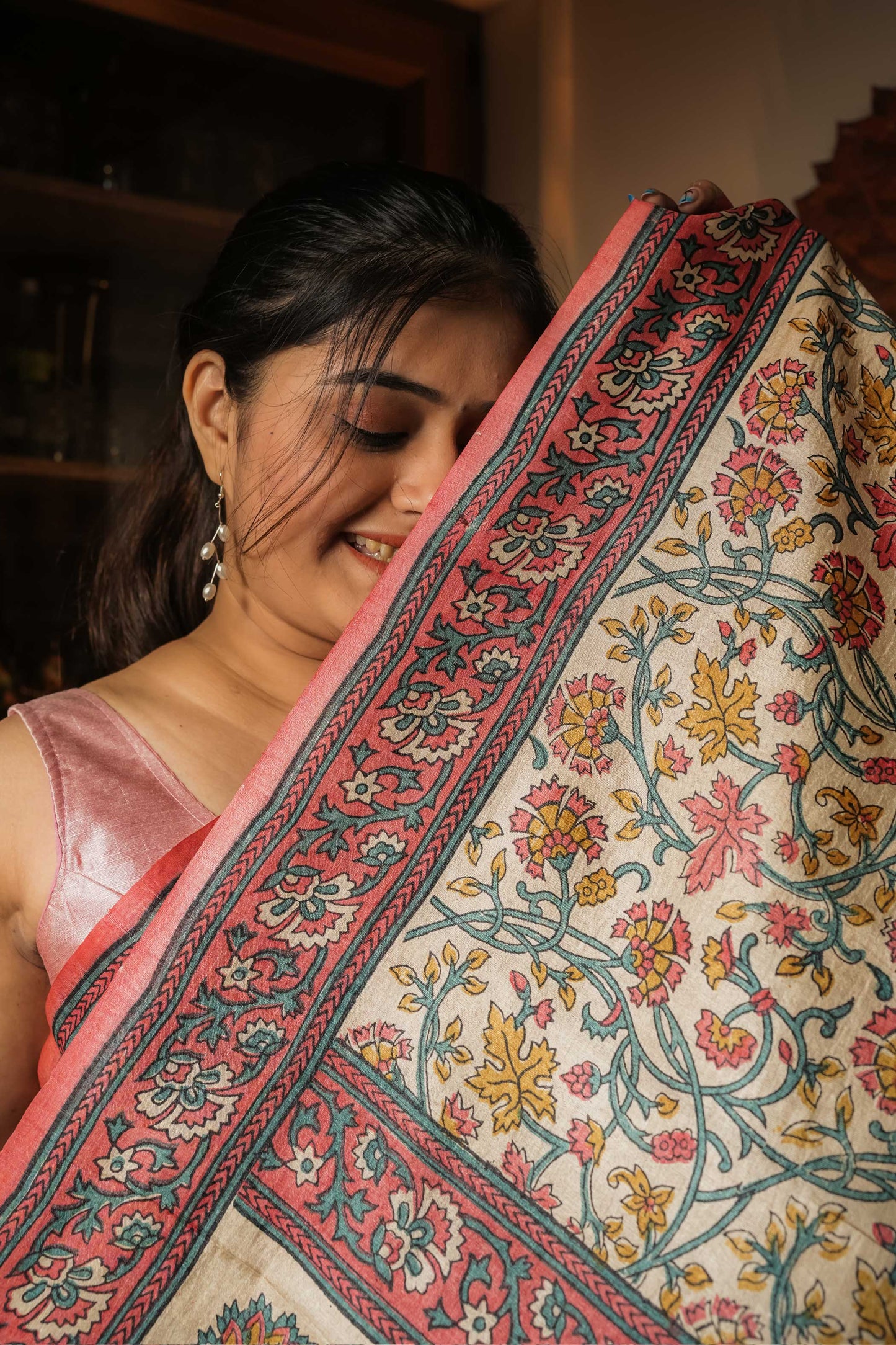 Cream Tussar Silk Hand Block Saree