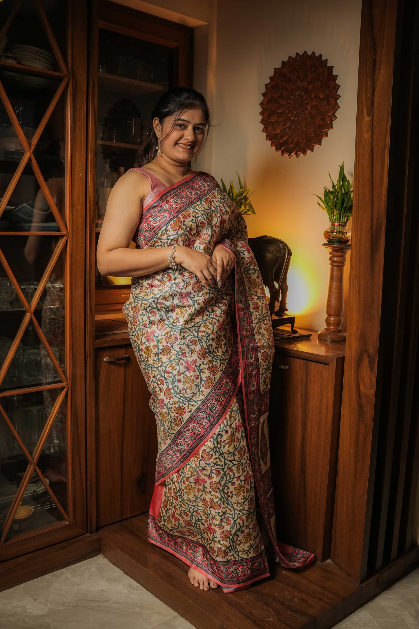 Cream Tussar Silk Hand Block Saree