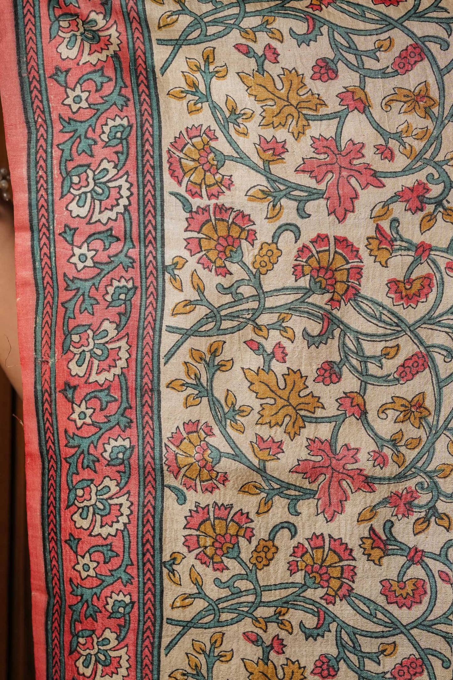 Cream Tussar Silk Hand Block Saree