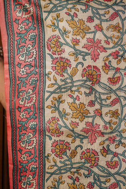 Cream Tussar Silk Hand Block Saree