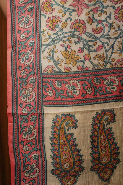 Cream Tussar Silk Hand Block Saree