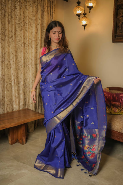 Blue Cotton Silk Paithani Saree