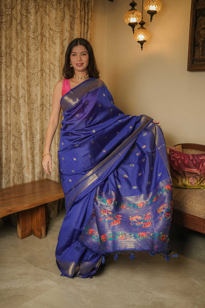 Blue Cotton Silk Paithani Saree