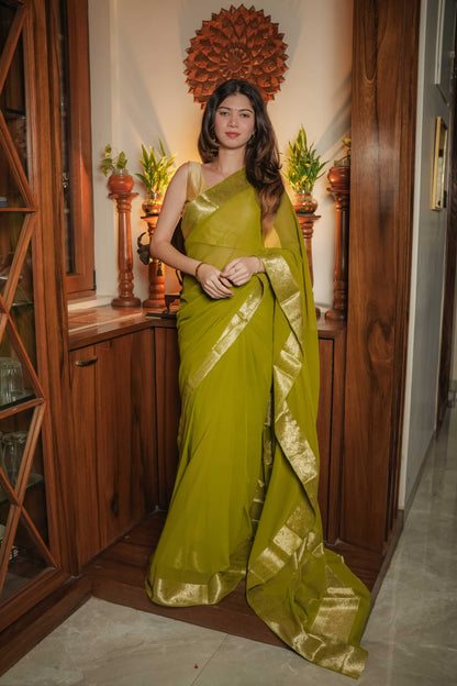 Green Georgette Plain Saree