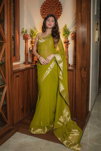 Green Georgette Plain Saree