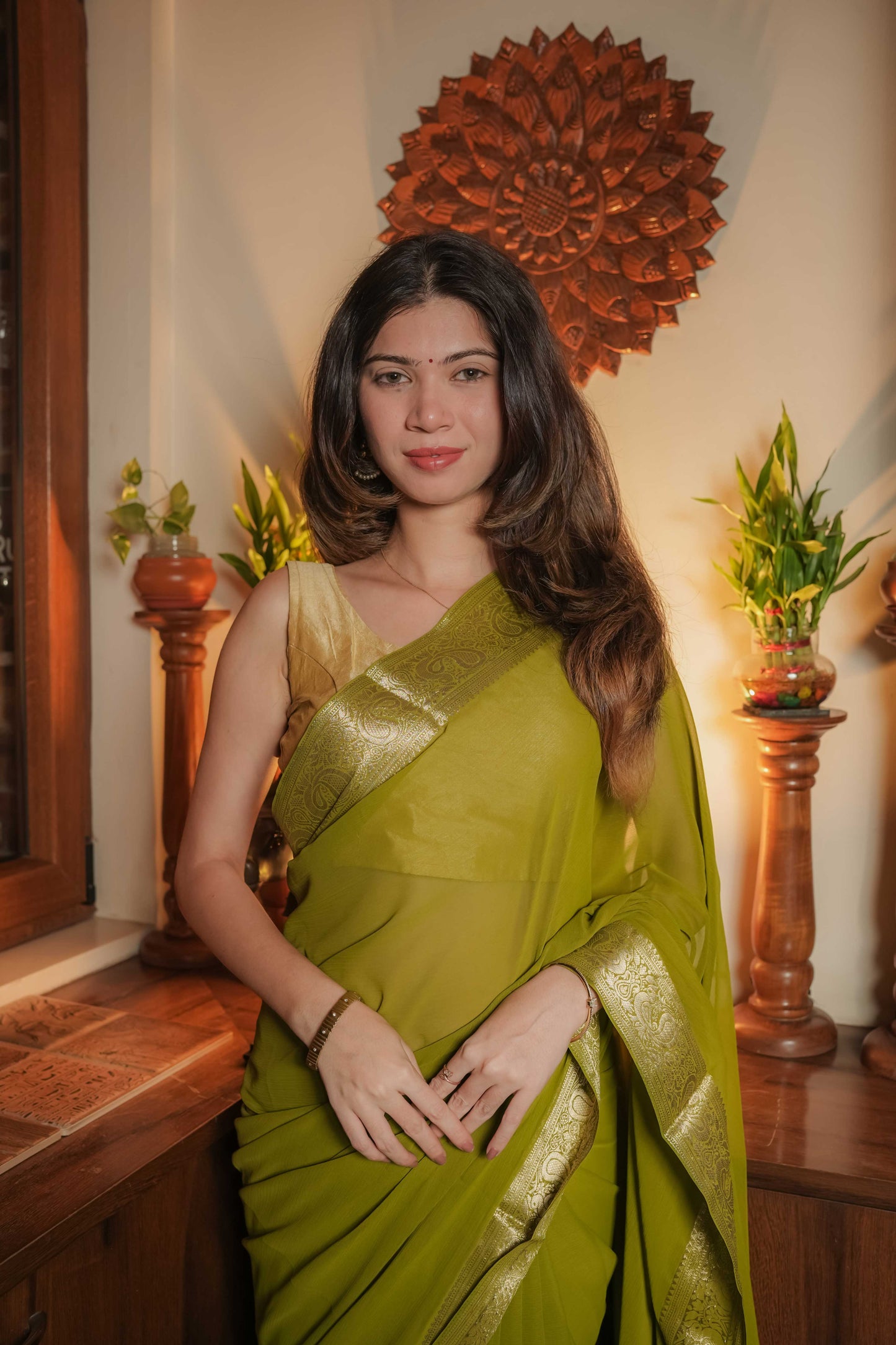 Green Georgette Plain Saree