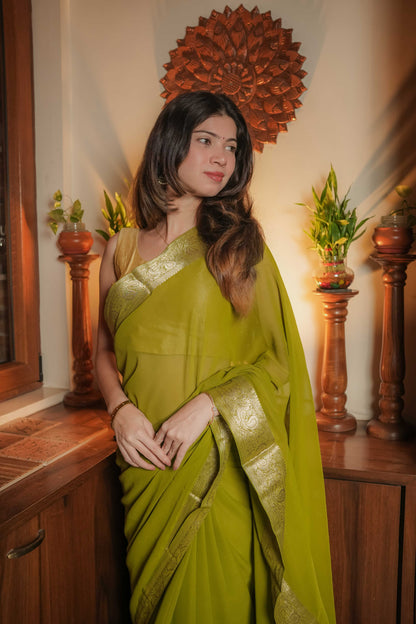 Green Georgette Plain Saree
