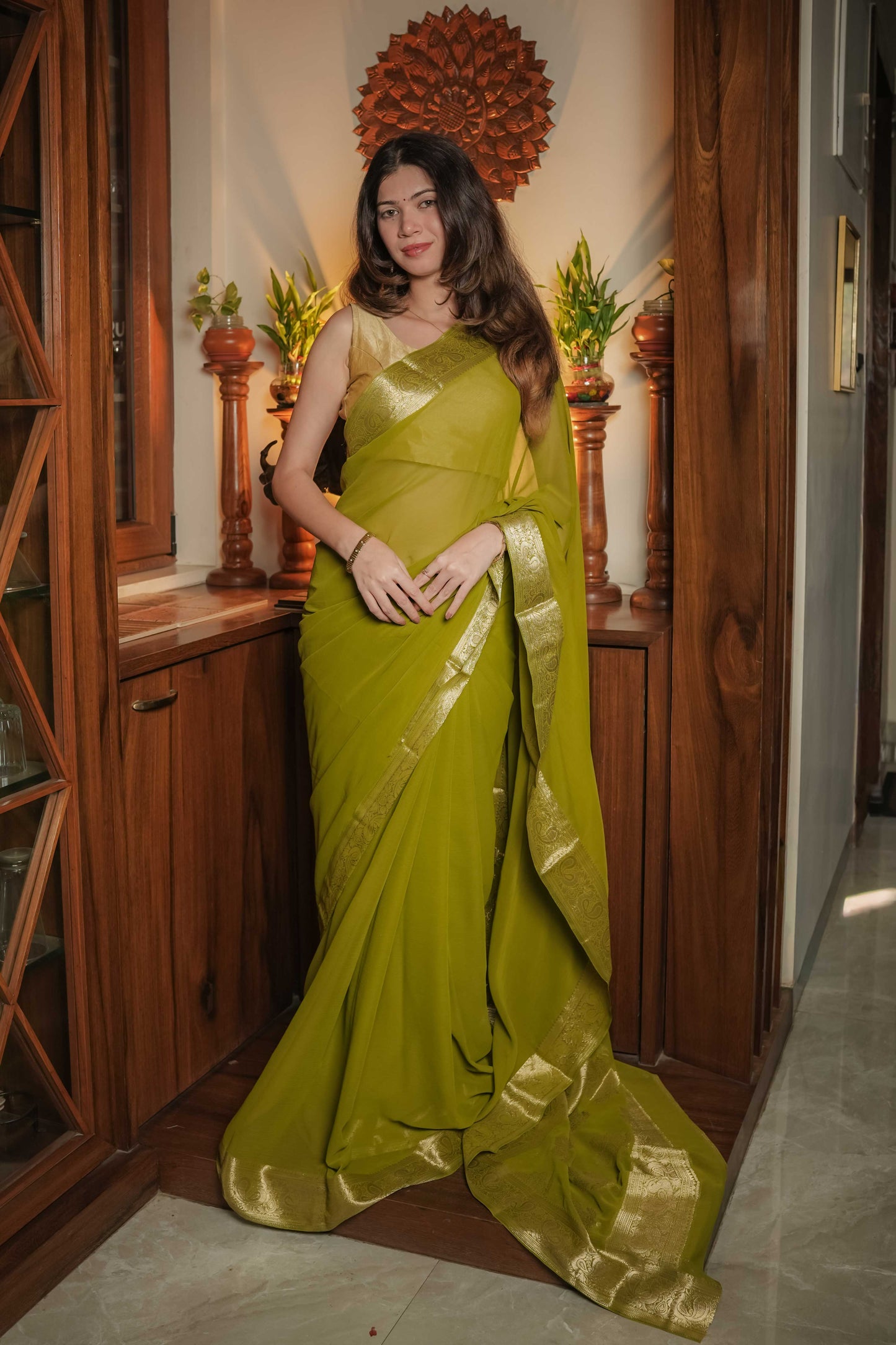 Green Georgette Plain Saree