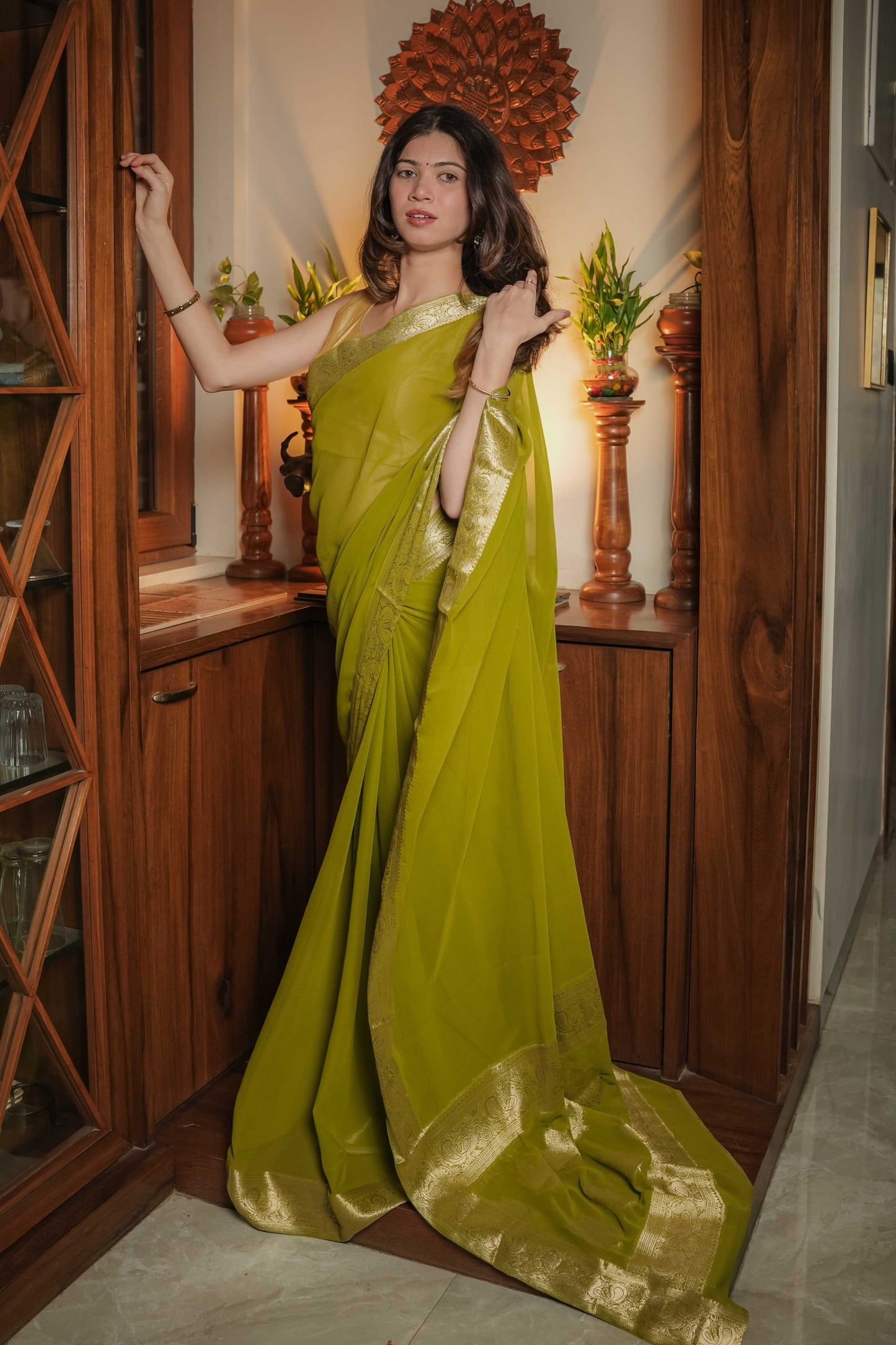 Green Georgette Plain Saree