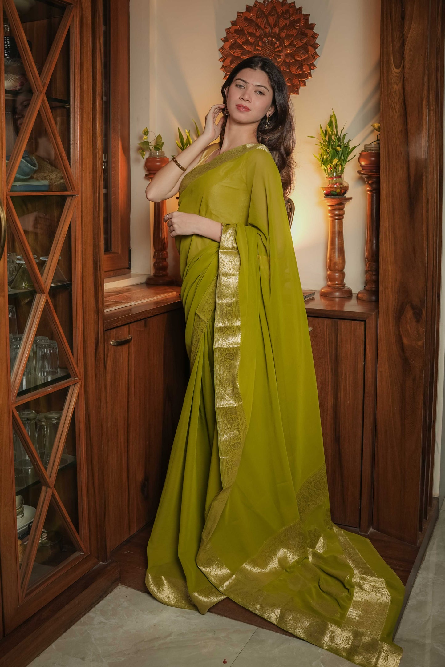 Green Georgette Plain Saree