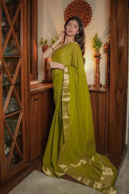 Green Georgette Plain Saree