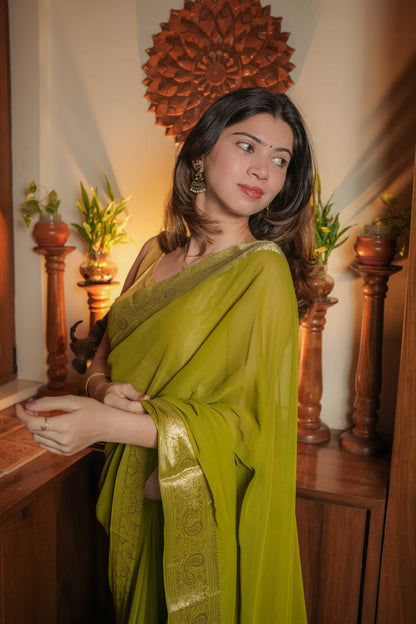 Green Georgette Plain Saree