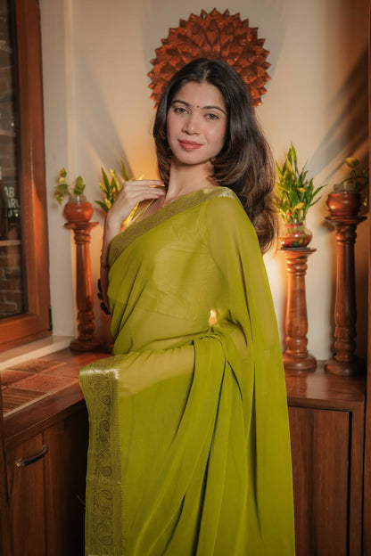 Green Georgette Plain Saree