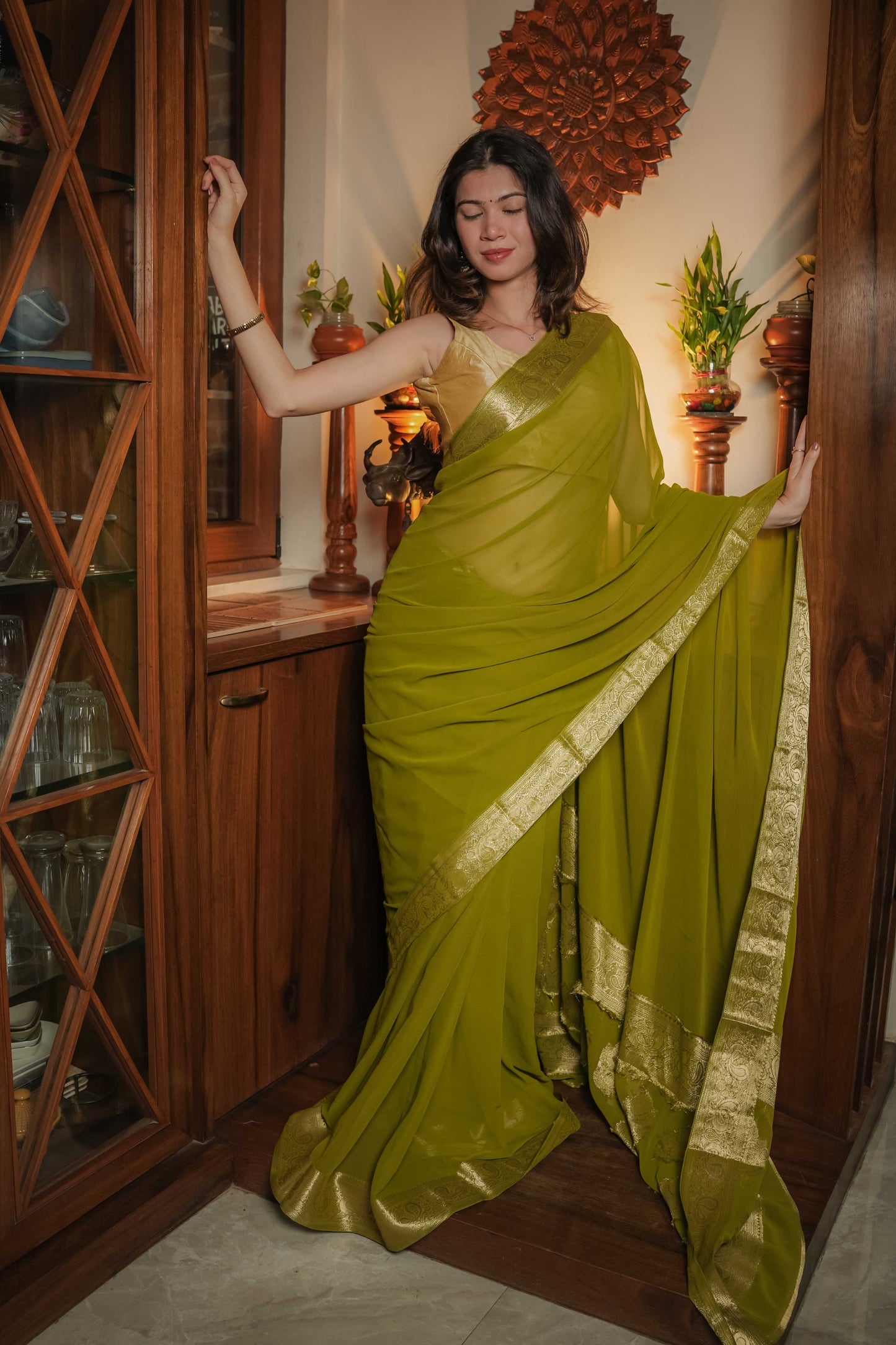 Green Georgette Plain Saree