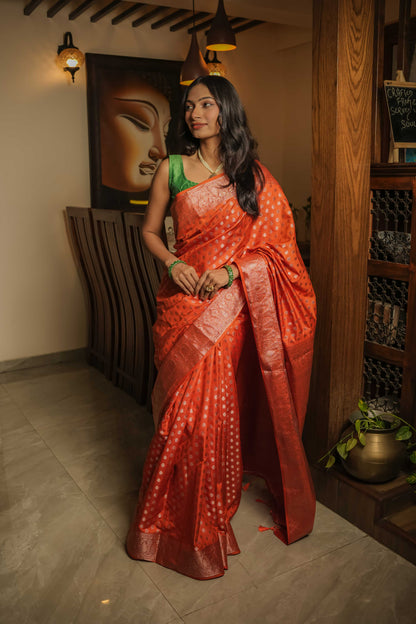 Saffron Raw Silk Saree
