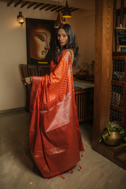 Saffron Raw Silk Saree