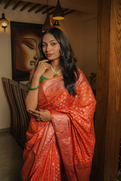 Saffron Raw Silk Saree
