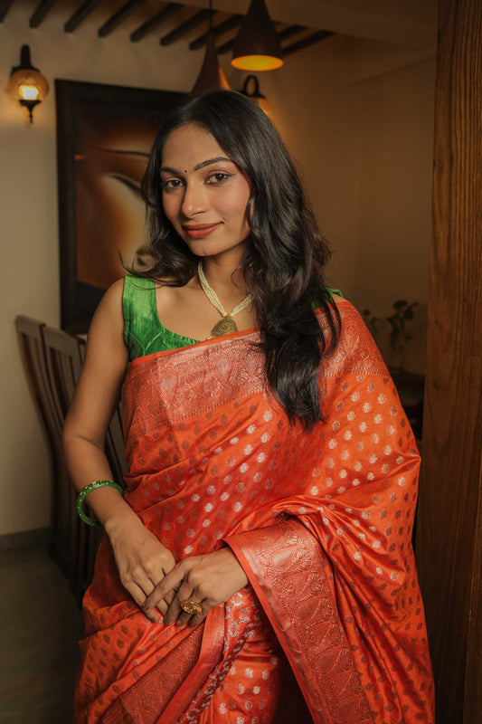 Saffron Raw Silk Saree