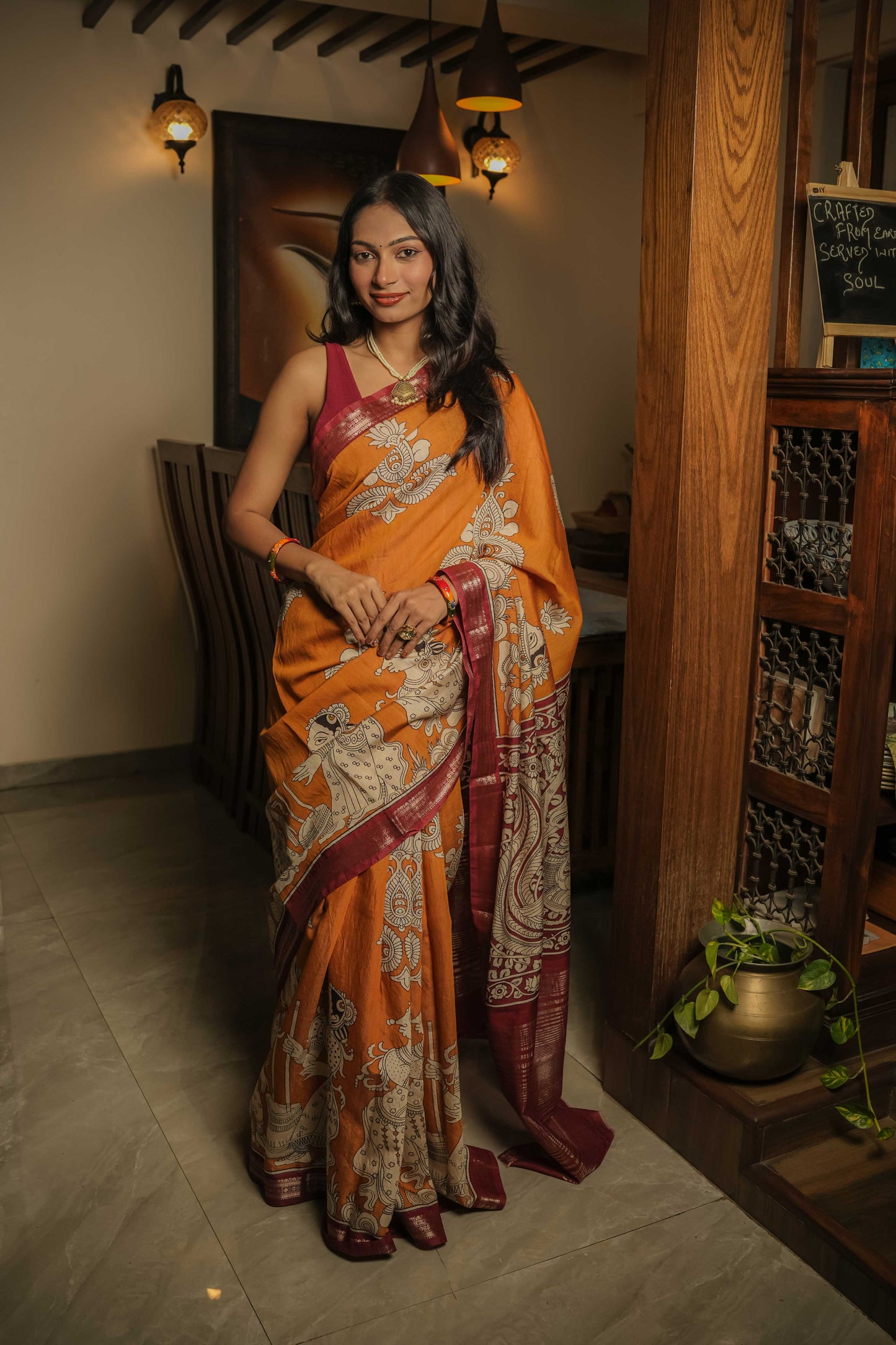 Mustard Soft silk Kalamkari Hand Block Printed Saree