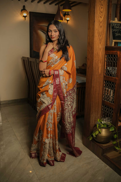 Mustard Soft silk Kalamkari Hand Block Printed Saree