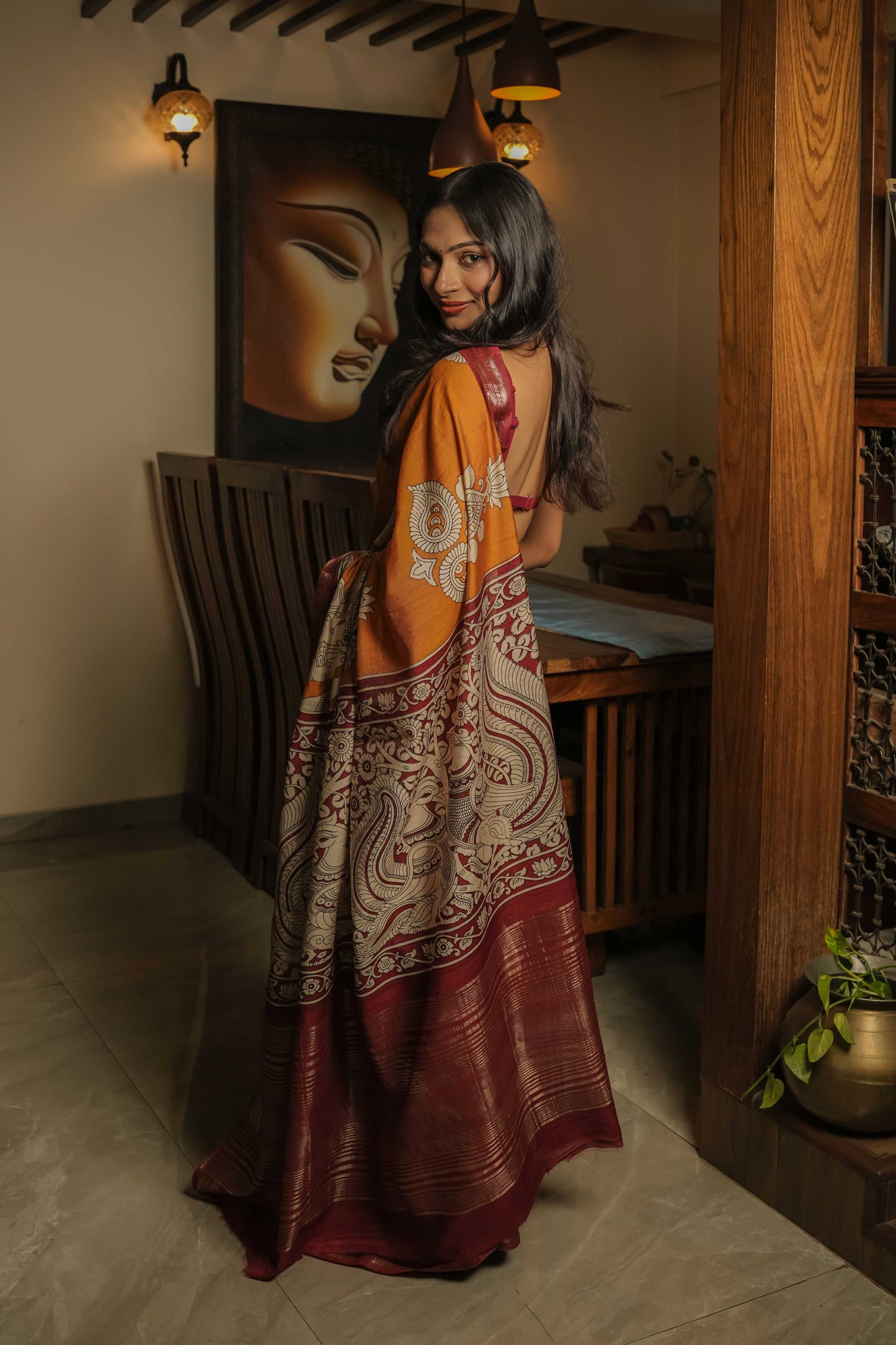 Mustard Soft silk Kalamkari Hand Block Printed Saree
